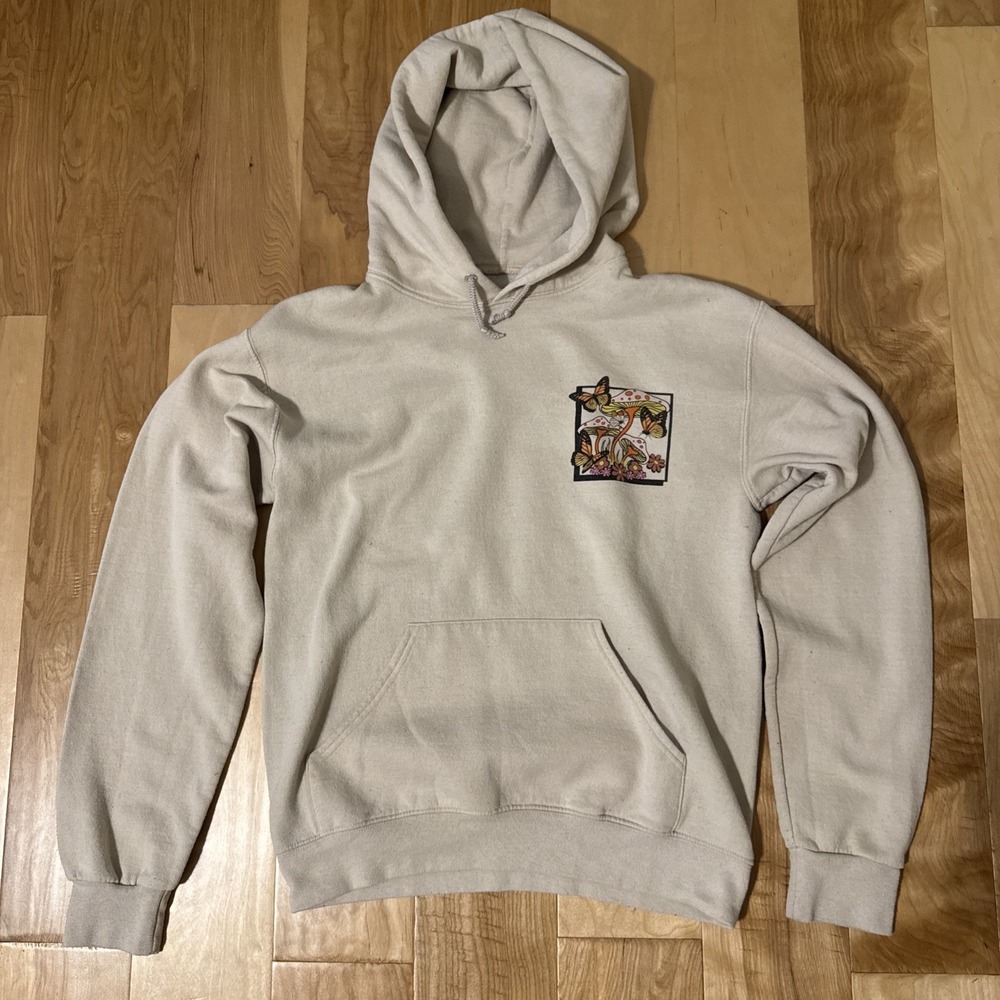 Bowery Supply Co. Sweatshirt Hoodie Tan Butterflies & Mushrooms Size Small
